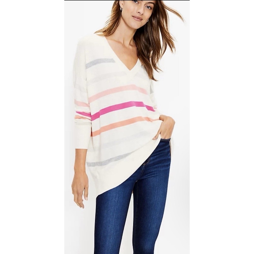 LOFT Ivory Stripe Oversized Slouchy V-Neck Sweater‎ Casual Cozy Size X-Large